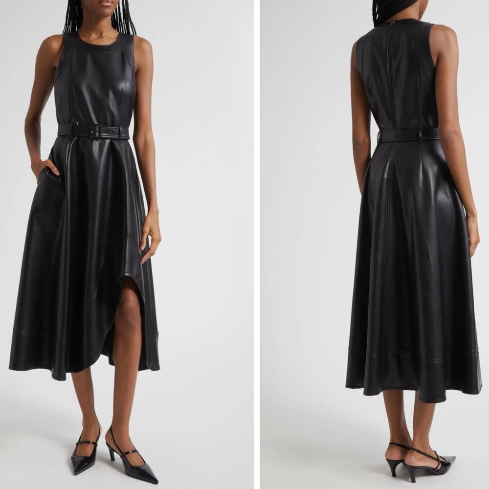 NWT Cinq A Sept Black Vegan Leather Zelda Sleeveless High Low Midi Dress Size 4